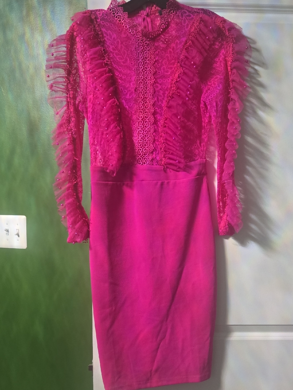 Fuchsia Ruffle Lace Sheath Dress